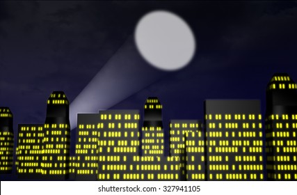 Illustration Of A Cartoon City With A Searchlight