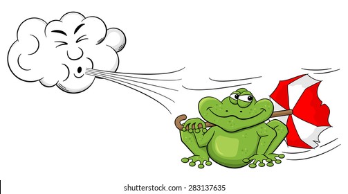 Illustration Of A Cartoon Cloud Blowing Wind On A Frog With Umbrella