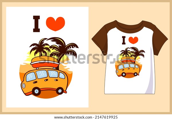 Illustration of Cartoon cute car is running on the\
island. T-shirt design for\
kids