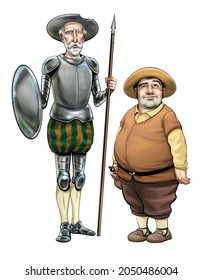 Illustration cartoon of Don Quixote and Sancho Panza 