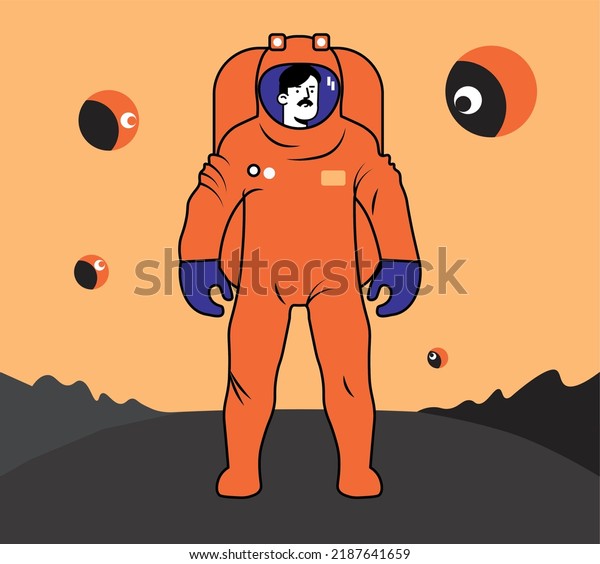 Illustration of a cartoon flat male character of\
an astronaut in an orange spacesuit, standing on the surface of the\
other\
planet