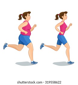Illustration of a cartoon girl jogging, weight loss, cardio training, health conscious concept running woman, before and after