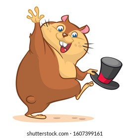 Illustration Of Cartoon Groundhog Character Holding Mayor Hat. Walking On White Background