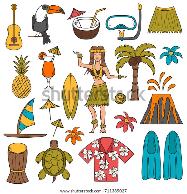 Illustration Cartoon Hand Drawn Hawaii Icons のイラスト素材