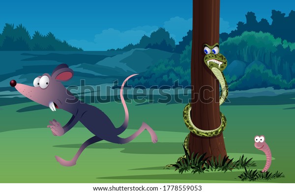 Illustration Cartoon Mouse Running Snakes Behind Stock Illustration