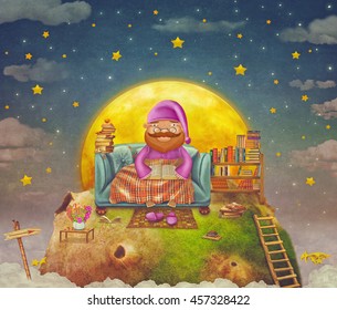 Illustration Cartoon Of  Old Man  Reading  Book On  Sofa , Fantastic Planet In Night Sky 