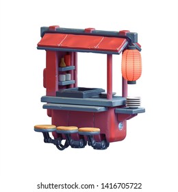 Illustration Of Cartoon Science Fiction Traditional Japanese Street Food Cart. Futuristic Mobile Food Stall In Retro Style. Stylized Stall With Large Japanese Lantern. 3d Rendering On White Background