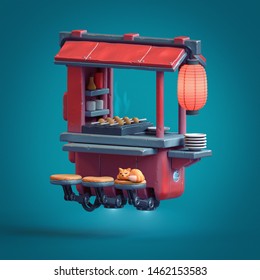 Illustration Of Cartoon Science Fiction Traditional Japanese Street Food Cart. Futuristic Mobile Food Stall In Retro Style. Urban Food Kiosk With Large Japanese Lantern. 3d Render On Blue Background.