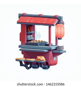 Illustration Of Cartoon Science Fiction Traditional Japanese Street Food Cart. Futuristic Mobile Food Stall In Retro Style. Urban Food Kiosk With Large Japanese Lantern. 3d Render On White Background.