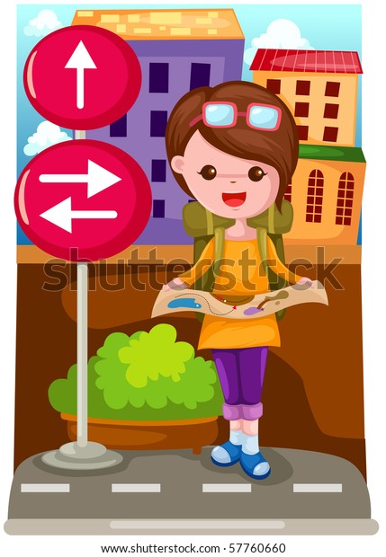 illustration of cartoon tourist\
girl