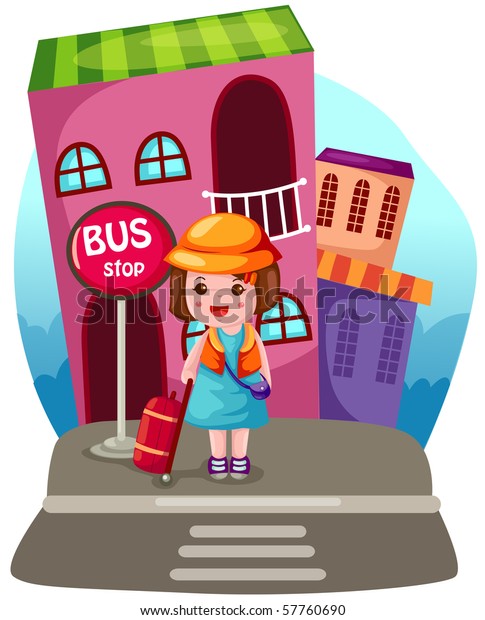 illustration of \
cartoon tourist with but stop\
sign