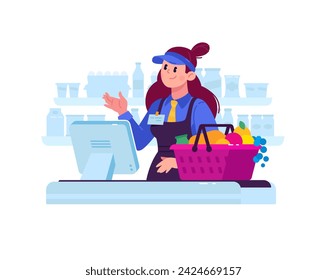 Illustration of a cashier saleswoman girl in a supermarket.  A character in a store behind the cash register sells goods. Hero mascot for a catalog or corporate identity. Discounts on goods. - Powered by Shutterstock