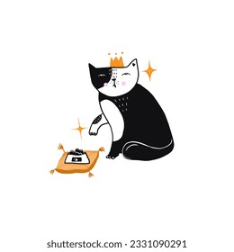 illustration cat, a day in the life of a black cat, playing ball, doing yoga, hiding in a box, climbing for food, resting like a princess. Flat cartoon illustration isolated on white background - Powered by Shutterstock