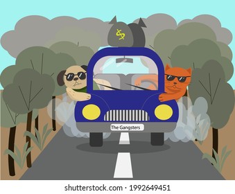 Illustration Of Cat And Dog As A Gangsters, Humour, Retro Car, Stolen Money.Web Banner, Postcard,cover