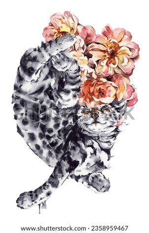 An illustration of a cat laying on flowers in a watercolour painting on a white background.