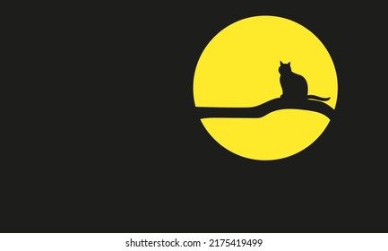 Illustration Of Cat Silhouette On A Branch. Moon And Cat In One Night. Symbol Of Bad Luck, Mysterious Pet.