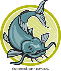 Illustration of a catfish attacking diving down about to attack set inside circle done in cartoon style.