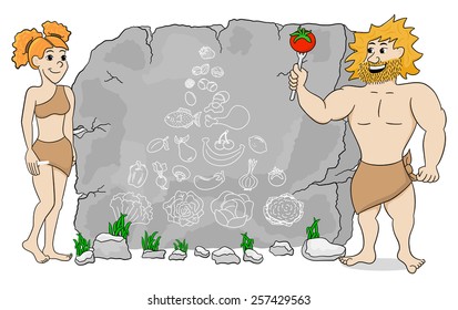 Illustration Of A Cave Woman Explains Paleo Diet Using A Food Pyramid Drawn On Stone