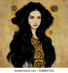 Illustration Of Celtic Woman With Fur And Golden Symbol Dress.