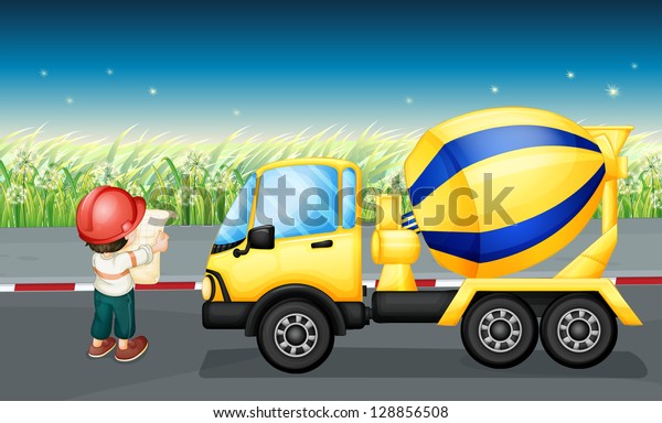 Illustration of\
a cement truck with a man in the\
road