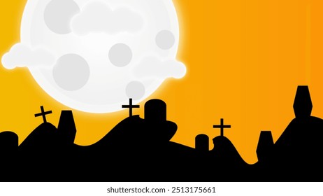 Illustration of a cemetery full of tombstones with orange sky and a bright full moon, background for Halloween - Powered by Shutterstock