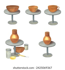 illustration for a ceramics workshop drawn in watercolors. Handmade dishes made from clay on a potter's wheel. Tournette for sculpture and ceramist pottery - Powered by Shutterstock