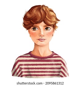 Illustration Character Avatar Portrait Teen Boy Cute Redhead Freckles Hairstyle Striped Shirt White Background