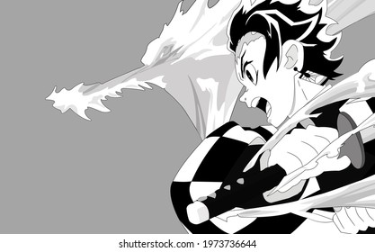 illustration of the character Kamado Tanjiro in black and white from the Manga Kimetsu no Yaiba