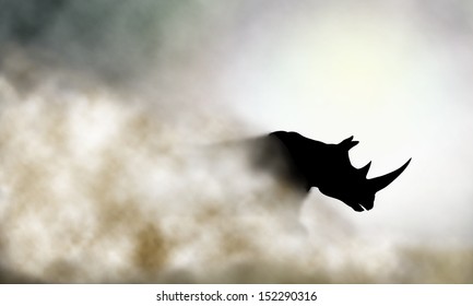 Illustration of a charging rhinoceros and dust cloud