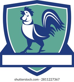 Illustration of a chicken rooster crowing looking up viewed from the side set inside shield crest with banner on isolated background done in retro style