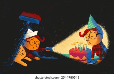 illustration child blows out birthday candles with his cat - Powered by Shutterstock