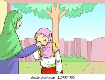 Illustration Of A Child Saying Goodbye To His Mother To Go To School.