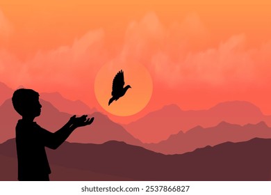 An illustration of a child in silhouette releasing a bird at sunset, symbolizing freedom, peace, and the beauty of new beginnings against a stunning mountain backdrop. - Powered by Shutterstock