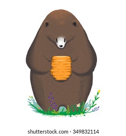 Illustration for Children: The Bear Get his Favorite Food    The Sweet Honey Hive!  Realistic Fantastic Cartoon Style Artwork / Story / Scene / Wallpaper / Background / Card Design 