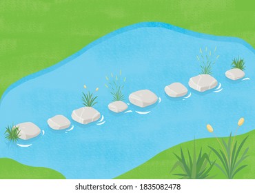 Illustration Of Children Book. Stepping Stones In The Pond.