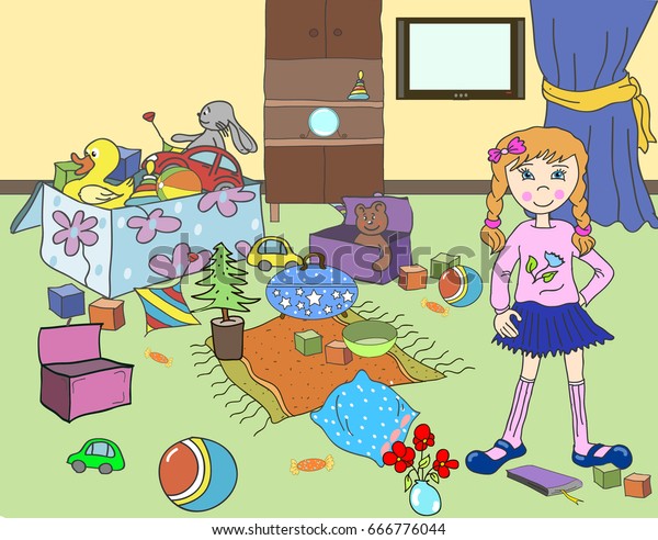 子ども向けのイラスト 漫画 子ども部屋が散らかっている 未収集のおもちゃやもの 女の子 部屋の中の赤ちゃん クリーニング のイラスト素材