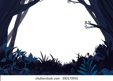 Illustration For Children: Dark Forest Card Frame. Realistic Fantastic Cartoon Style Artwork / Story / Scene / Wallpaper / Background / Card Design