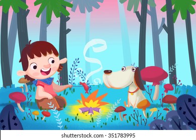 Illustration For Children: Forest Barbecue with Best Friends. Realistic Fantastic Cartoon Style Artwork / Story / Scene / Wallpaper / Background / Card Design
