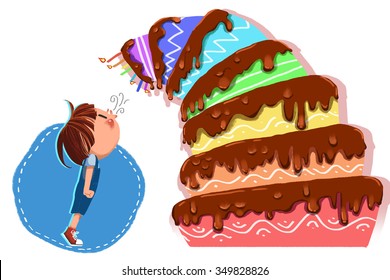 Illustration for Children: Happy Birthday Little Man  the Tiered Birthday Cake Leaned Closer   Said! Realistic Fantastic Cartoon Style Artwork / Story / Scene / Wallpaper / Background / Card Design 