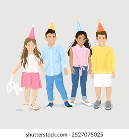 Illustration of children at a party. Two boys and two girls, wearing party hats. Diverse ethnicity. Children smiling, holding hands, celebrating a party. Aesthetic chilcren, vector illustration. - Powered by Shutterstock