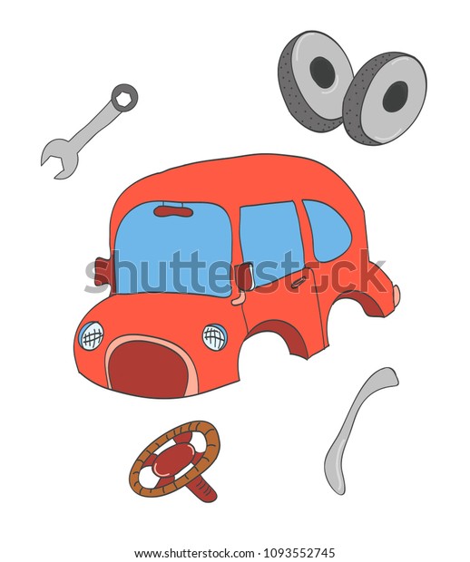 Illustration for children. Pick up the car.\
Children\'s play, a question. Magazine illustration. Figure of the\
dismantled car, steering wheel, wheel, bumper. On white isolated\
background.