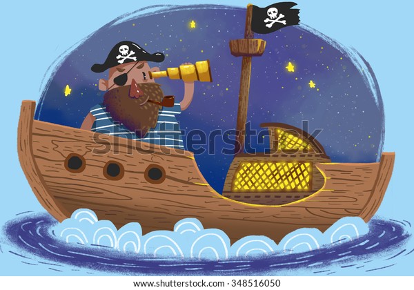 Illustration for children: The captain of the Pirates and his ship under the Night of the Moon. Fantasy Realistic Cartoon Style Kids wallpaper Design.