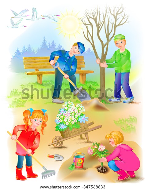 Illustration Children Working Spring Garden のイラスト素材