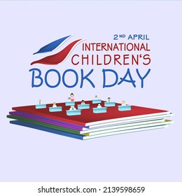 Illustration Of Children's School Learning Activities On A Pile Of Books On A Gray Background. International Children's Book Day Backgrounds For Greeting Cards, Social Media, Banners And More.