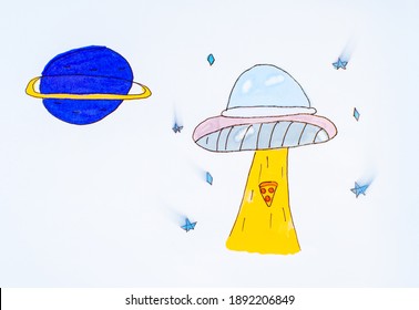 Illustration, Child's Drawing Of The Planets.Background Of The Planets.Child's Painting Of A Space Rocket