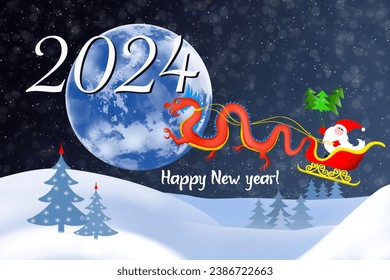 Illustration for Chinese New Year 2024.Eastern calendar design with Santa's sleigh pulled by red cartoon dragon flying through magical moonlit night sky over snowy landscape with Christmas trees - Powered by Shutterstock