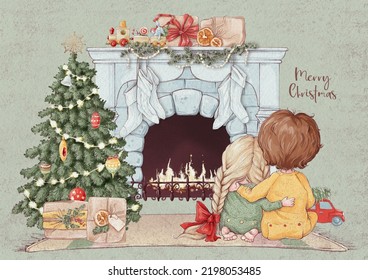 Illustration Christmas card brother and sister by the fireplace and decorated Christmas tree are waiting for gifts. - Powered by Shutterstock