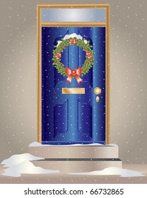 An Illustration Of A Christmas Holly Wreath Hanging On A Blue Front Door With Snow