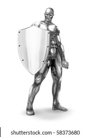 An Illustration Of Chrome Man Figure With Shield