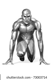 Illustration Of A Chrome Man Getting Ready For A Fast Sprint